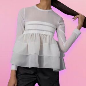 Elegant White Tiered Women's Peplum Sheer Mesh Balletcore Chic Blouse Top NWT